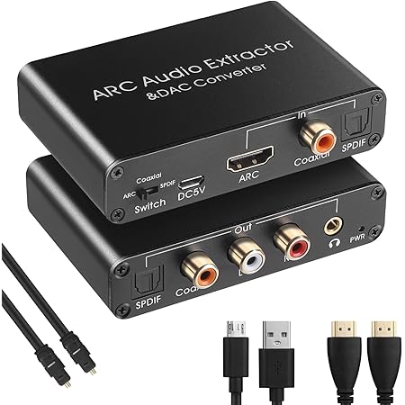 UNSTINCER HDMI ARC Audio Extraktor 2.0/5.1  192 KHz DAC Konverter, HDMI/Digital(Spdif Optical Toslink Coaxial) zu Spdif Koaxial und Analog Aux RCA 3,5 mm Wandler für TV Kopfhörer Soundbar Verstärker